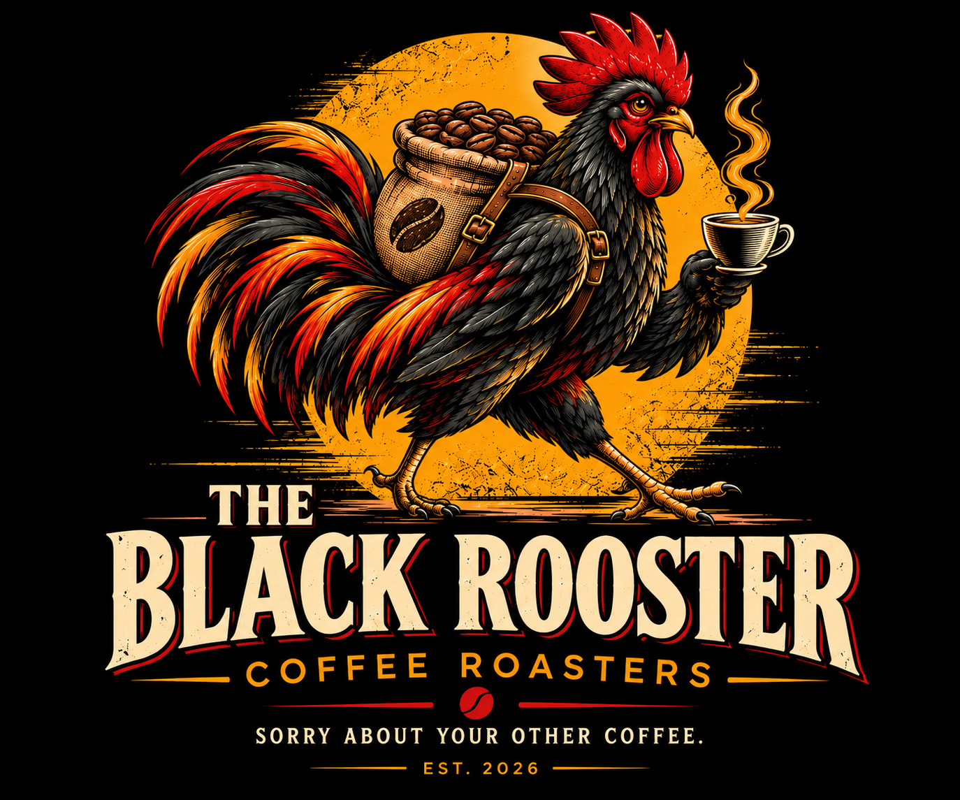 Το αυθεντικό επιλεγμένο λογότυπο The Black Rooster, με κόκορα που κρατά καφέ και σάκο κόκκων